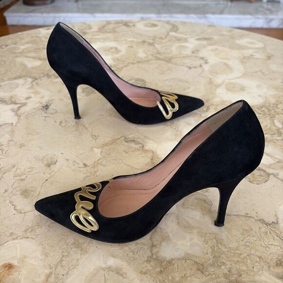 Kate Spade New York Gold “Love” Black Suede Leather Stiletto Heels Pumps - Picture 8 of 15